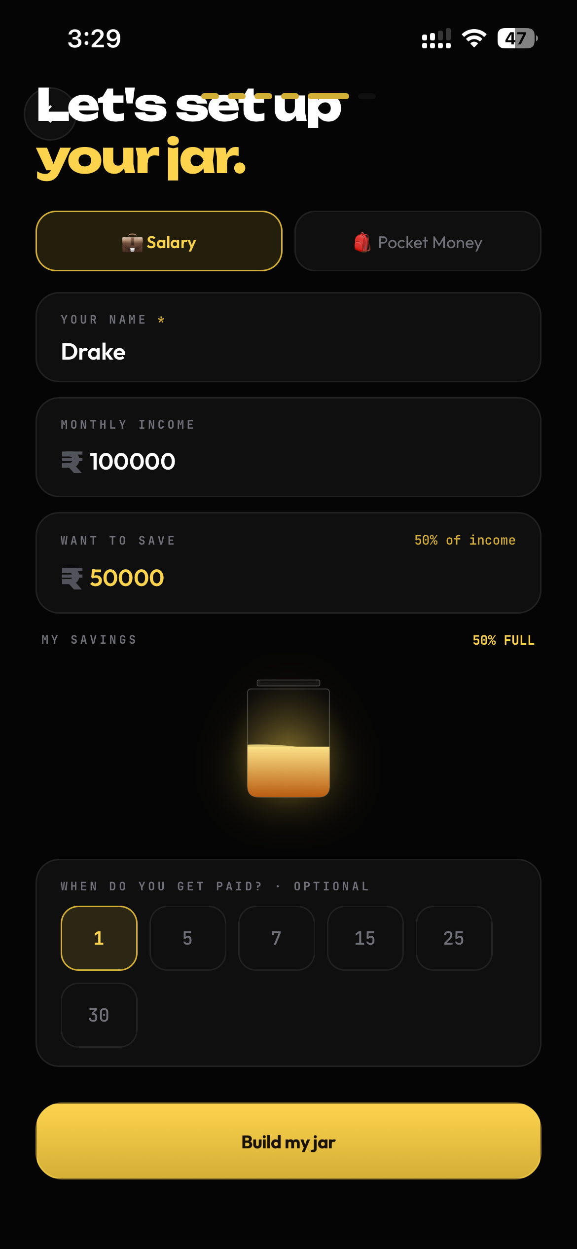 Blyth — Setup screen